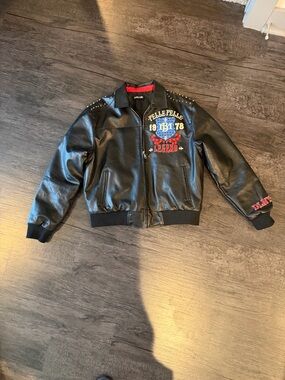 Pelle Pelle Black Leather Bomber Jacket with Red and Blue Embroidery